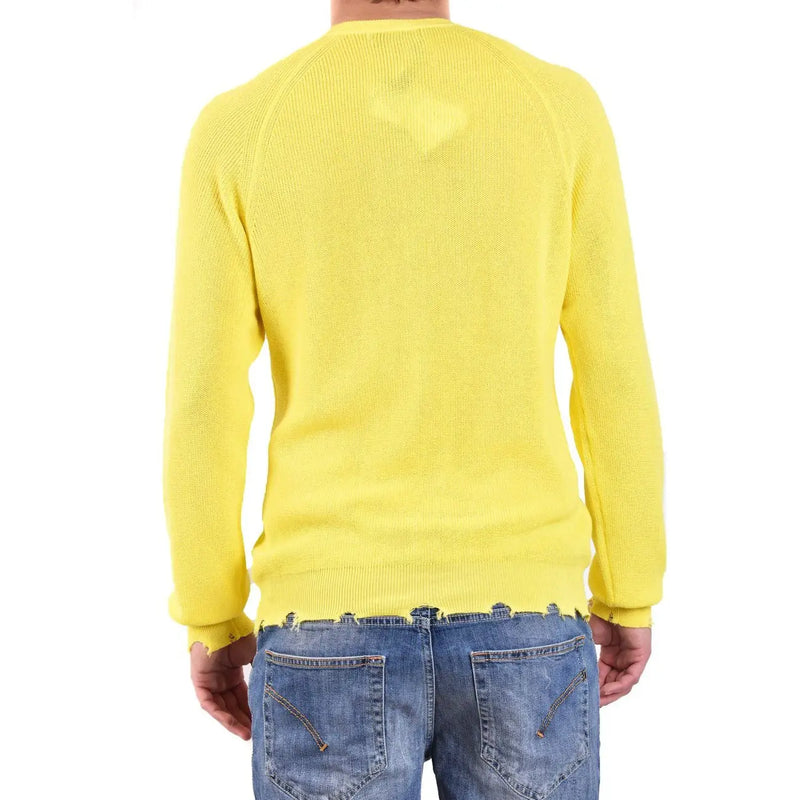 Laneus men yellow round neck cotton sweater with bright yellow ribbed knit and distressed hem