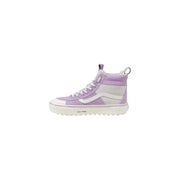 Lavender and white Vans high-top sneakers for women featuring lace-up design