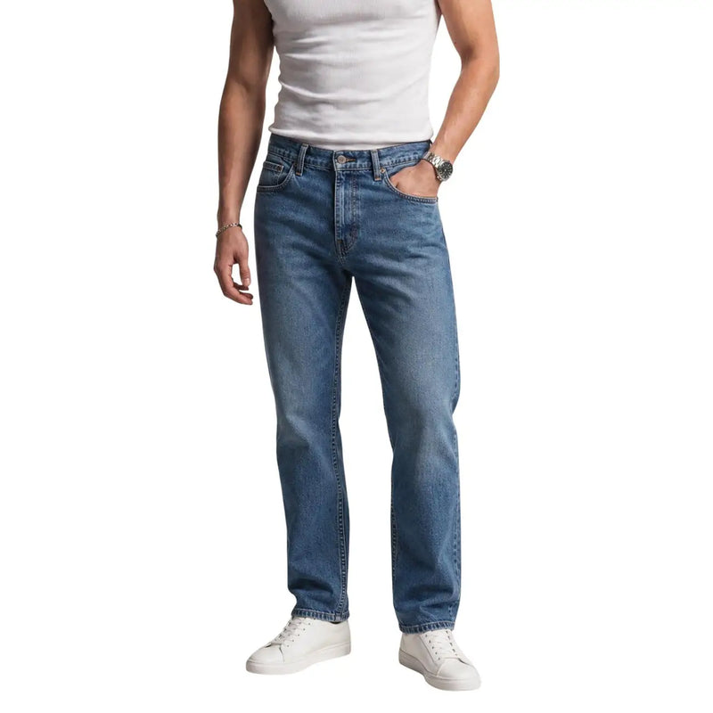 Levi’s men jeans blue classic cotton lyocell blend medium-wash denim with straight-leg cut and traditional stitching