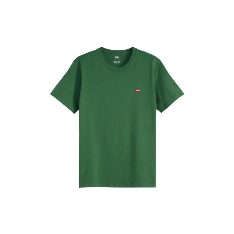 Ein dunkelgrünes Levi's Herren-T-Shirt mit kurzen Ärmeln, Rundhalsausschnitt, kleinem roten Logo und aus 100 % Baumwolle.