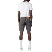 Back side of levis men’s black cotton shorts featuring dark gray denim with classic levi’s pocket and orange leather patch