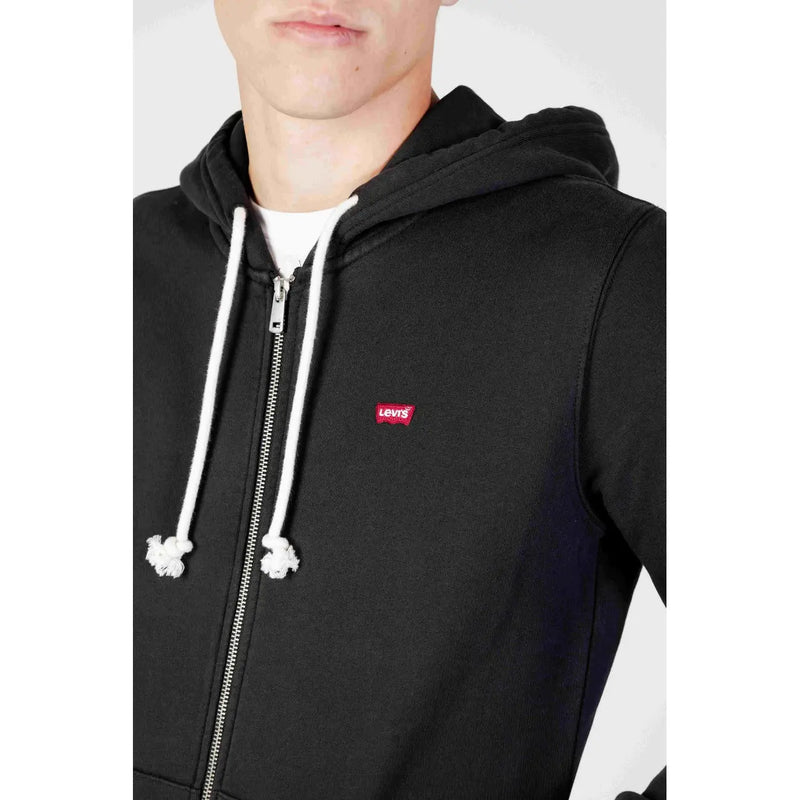 Schwarzer Levi's Herren-Sweatshirt-Hoodie aus Baumwolle mit Reißverschluss, weißen Kordelzügen und rotem Logo-Patch auf der Vorderseite