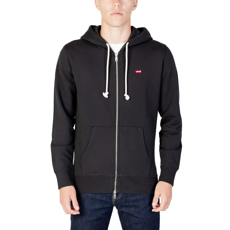Schwarzer Levi's Herren-Sweatshirt-Hoodie aus Baumwolle mit Reißverschluss, weißen Kordelzügen und rotem Logo auf der Brust