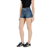 Levis women blue cotton blend high-waisted denim shorts with classic stitching and front pockets for fall winter use
