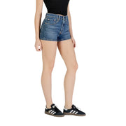 Levis women blue cotton blend high-waisted denim shorts with medium wash and button fly for fall winter wear