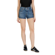 Levis women blue cotton blend high waisted denim shorts in medium blue wash with classic stitching and button closure