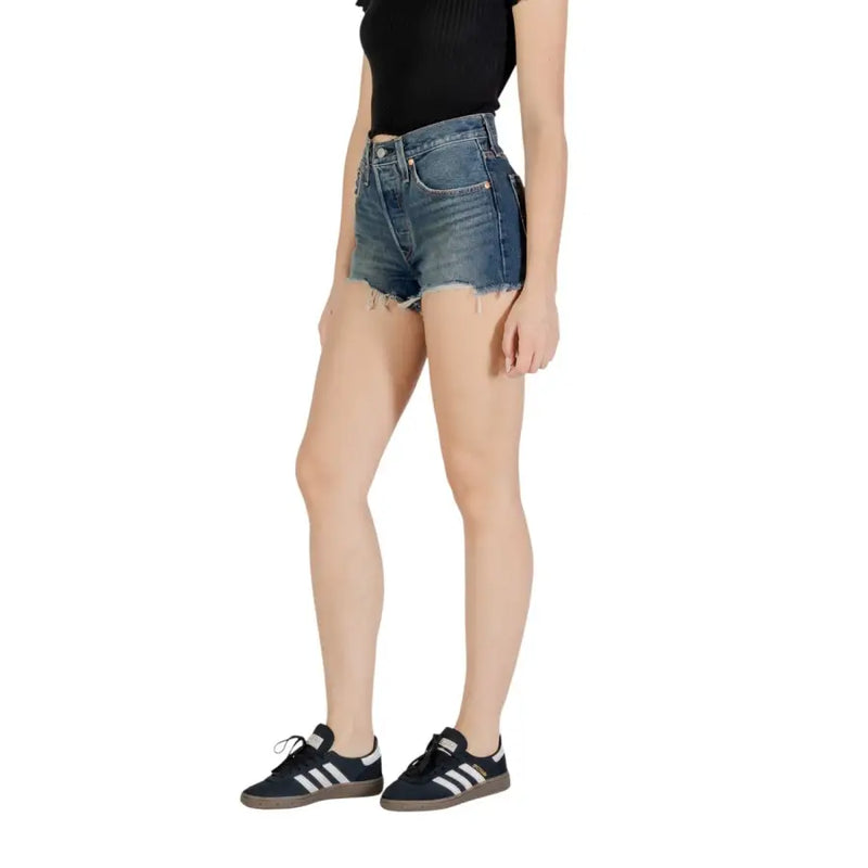 Levis Women Blue Cotton Fall Winter Shorts featuring high-waisted denim with frayed hems