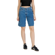 Levis women blue cotton shorts with zipper and button closure featuring five-pocket design and frayed hem