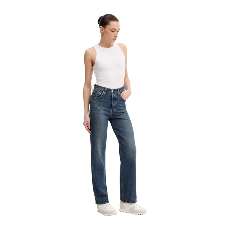 Levi's Damenjeans aus blauem Baumwoll-Denim, reguläre Passform, hoher Bund, gerades Bein, mittelblaue Waschung, mit Knopfleiste