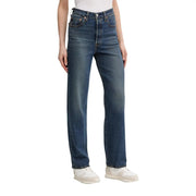 Levi's Damen-Jeans aus blauem Baumwoll-Denim, reguläre Passform, hoher Bund, gerades Bein, mittlere Waschung, klassische Nähte und Vintage-Fade.