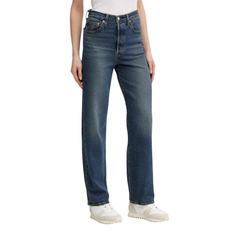 Levi's Damen-Jeans aus blauem Baumwoll-Denim, reguläre Passform, hoher Bund, gerades Bein, mittlere Waschung, klassische Nähte und Vintage-Fade.