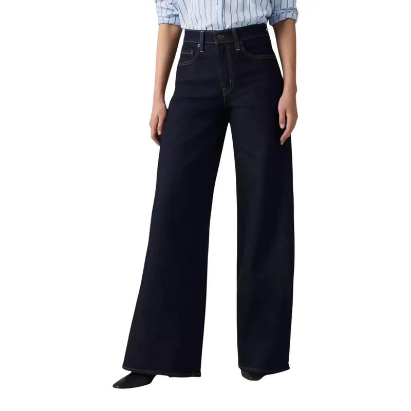 Schwarze Levi's Damen-Jeans aus Baumwollmischung mit dunkelblauem, weitem Bein, hohem Bund und klassischem Five-Pocket-Design