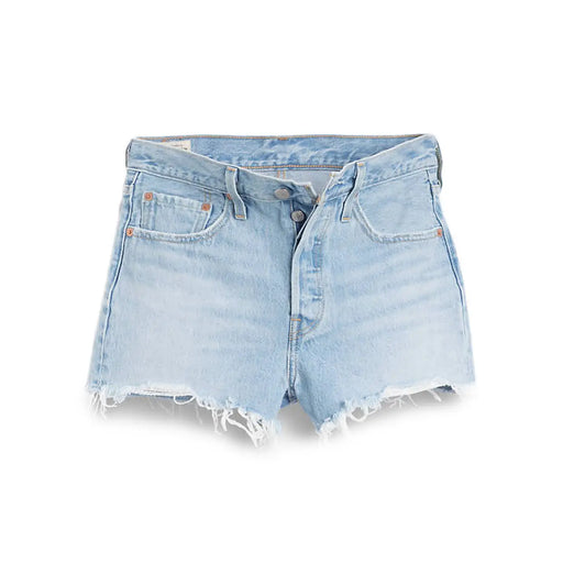 Levis women light blue cotton shorts with light-wash denim, frayed hem, and classic five-pocket design
