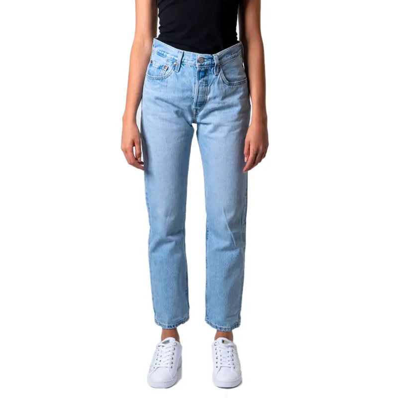 Levi’s women’s blue light-wash denim jeans with high-rise straight-leg cut and button fly worn out effect