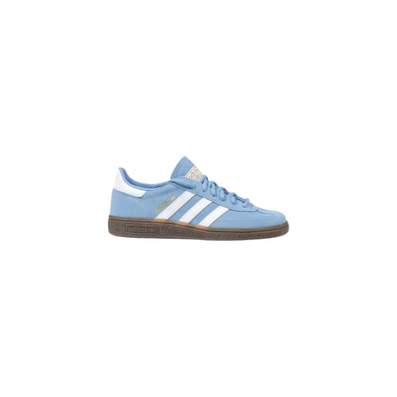 Light blue adidas women spring summer leather slip on sneakers with white stripes and brown rubber sole