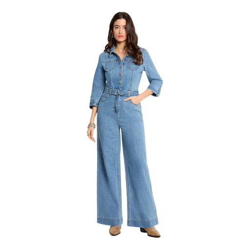 Light blue belted denim jumpsuit with button front, pockets, 3/4 sleeves