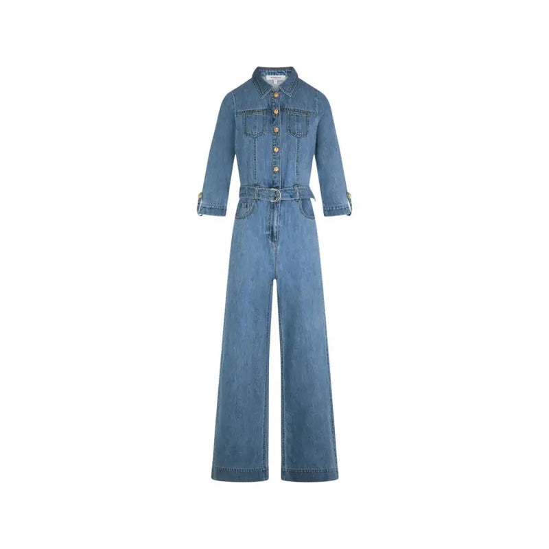 Light blue medium-wash denim jumpsuit with button-up collar three quarter sleeves wide-leg pants and pockets