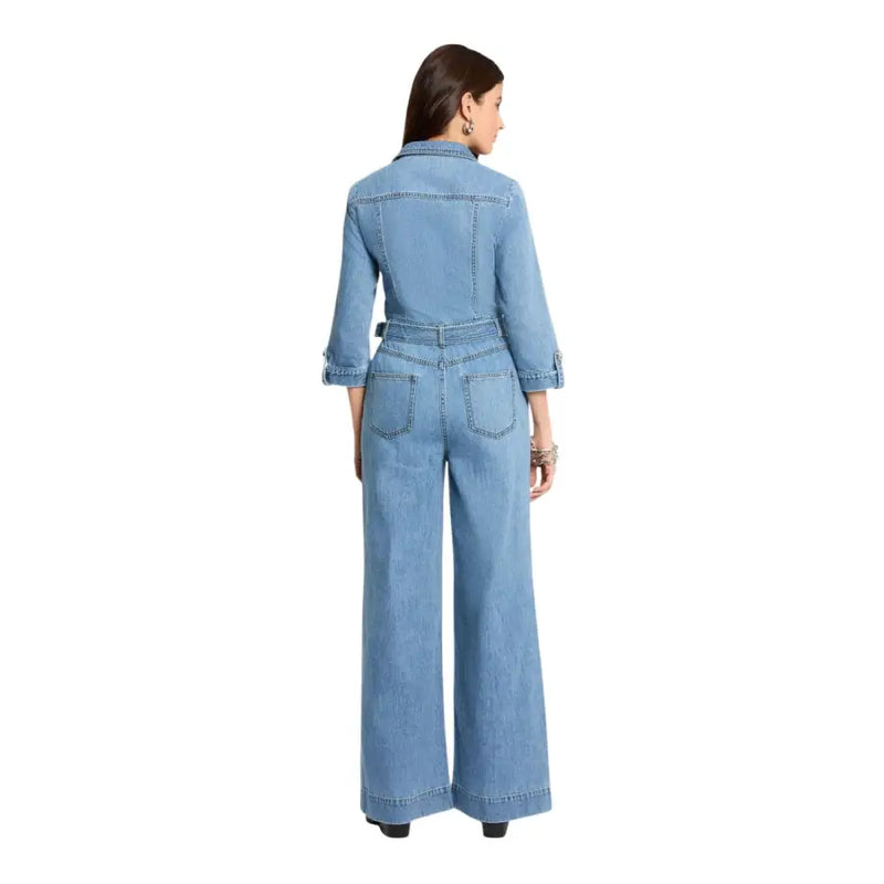 Light blue denim belted jumpsuit with collar three quarter sleeves wide-leg pants and pockets for casual wear