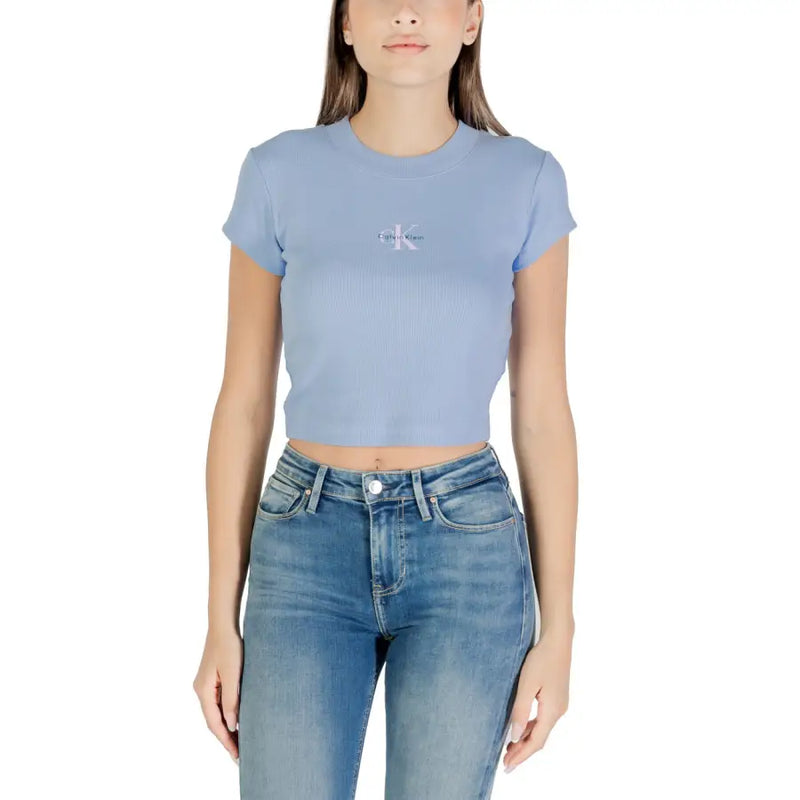 Light blue Calvin Klein women’s crop top displayed with Calvin Klein Jeans White Round Neck T-Shirt