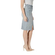Light blue cotton blend midi skirt with front slit light-wash denim and classic five-pocket design