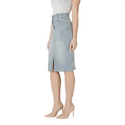 Light blue cotton blend denim pencil skirt with front slit and classic five-pocket design for versatile wear