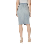 Light blue cotton blend light-wash denim pencil skirt with a high waist and back pockets shown from the back side