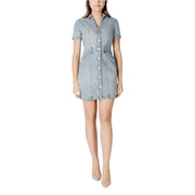 Light blue cotton button front dress with v neck, short sleeves, fitted waistband, and pockets in light-wash denim