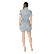 Light blue cotton light-wash denim mini dress with short sleeves collar button front v neck and pockets