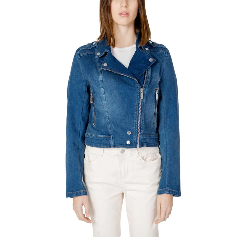 Light blue denim moto jacket with silver zippers, snaps and side pockets