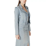 Light blue cotton denim moto jacket with silver zippers buttons side zip and pockets for casual wear