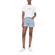 Light blue denim shorts with rolled cuffs paired with Calvin Klein Jeans White Cotton T Shirt