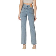 Light blue high waisted denim jeans displayed in a product image