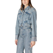 Light blue denim jacket with cropped fit button-up front and subtle distressing details in light-wash material