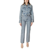 Light blue denim jacket with classic button front and flap pockets paired with matching high-rise straight-leg jeans