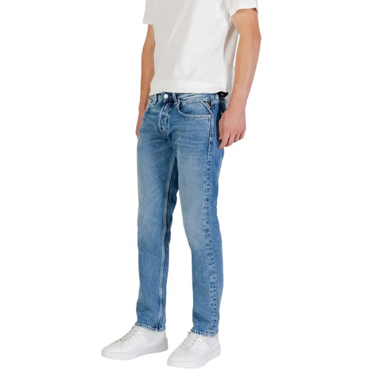 Light blue denim jeans for men displayed in a clothing product image
