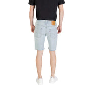Light blue denim shorts displayed on a product page