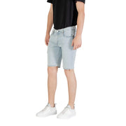 Light blue denim shorts displayed on a model for the product Light Blue Denim Shorts