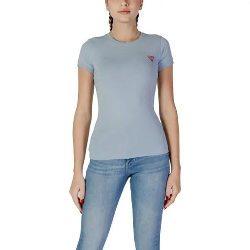 Light blue fitted t-shirt with small logo on chest by Guess Women’s collection