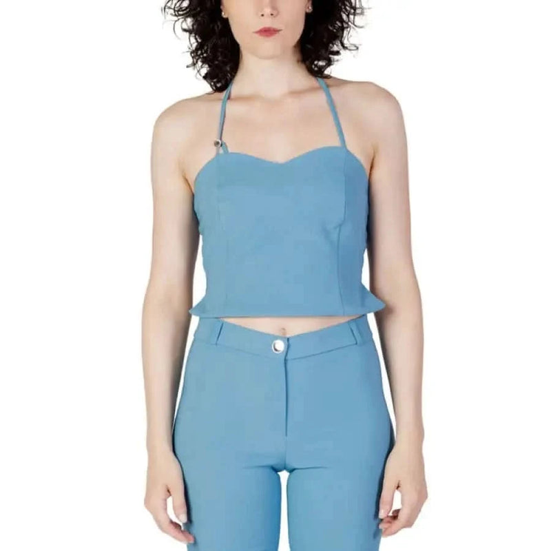 Light blue halter crop top with thin straps and sweetheart neckline by Rinascimento