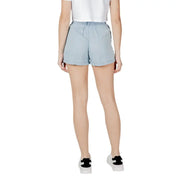Light blue lyocell shorts with elastic waist belt and pockets featuring a casual relaxed fit