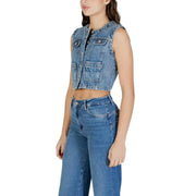 Hellblaue, ärmellose Weste aus Bio-Baumwolle mit Knopfleiste und Brusttaschen