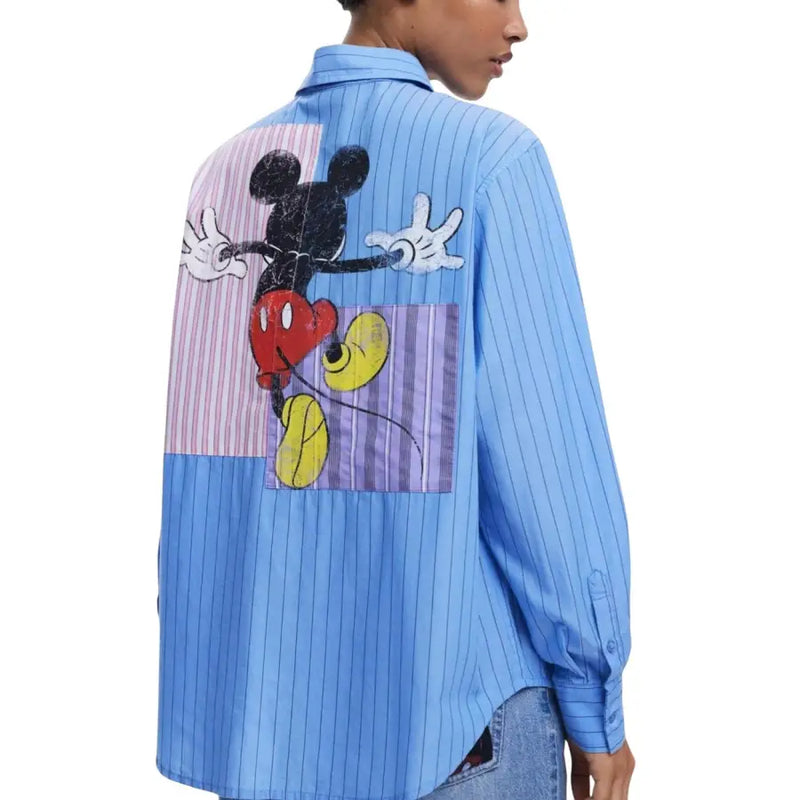 Light blue pinstripe women’s button-up shirt with Mickey Mouse graphic on the back