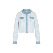 Light blue polyester blazer with round neck buttons featuring tweed texture and denim accents on collar cuffs and placket