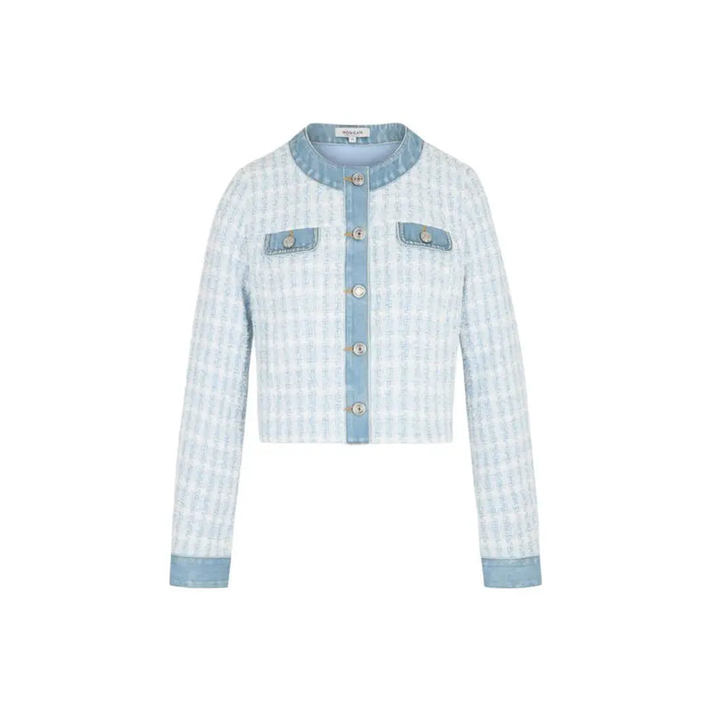 Light blue polyester blazer with round neck buttons featuring tweed texture and denim accents on collar cuffs and placket