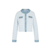 Light blue polyester blazer with round neck buttons featuring tweed texture and denim accents on collar cuffs and placket