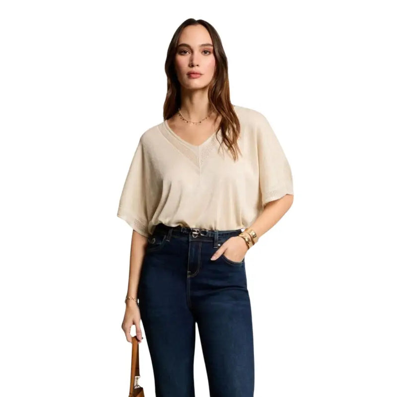 Hellblauer Damen-Strickpullover mit kurzen Ärmeln und V-Ausschnitt top mit Spitzenbesatz