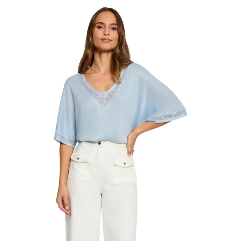 Light blue short sleeve v-neck knit top for women with airy fabric and delicate lace trim on neckline and sleeves