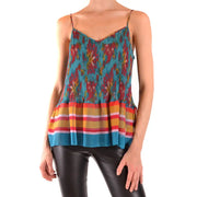 Leuchtend türkisfarbenes und rotes, plissiertes Trägertop mit Blumenmuster und gestreiftem Rüschensaum.