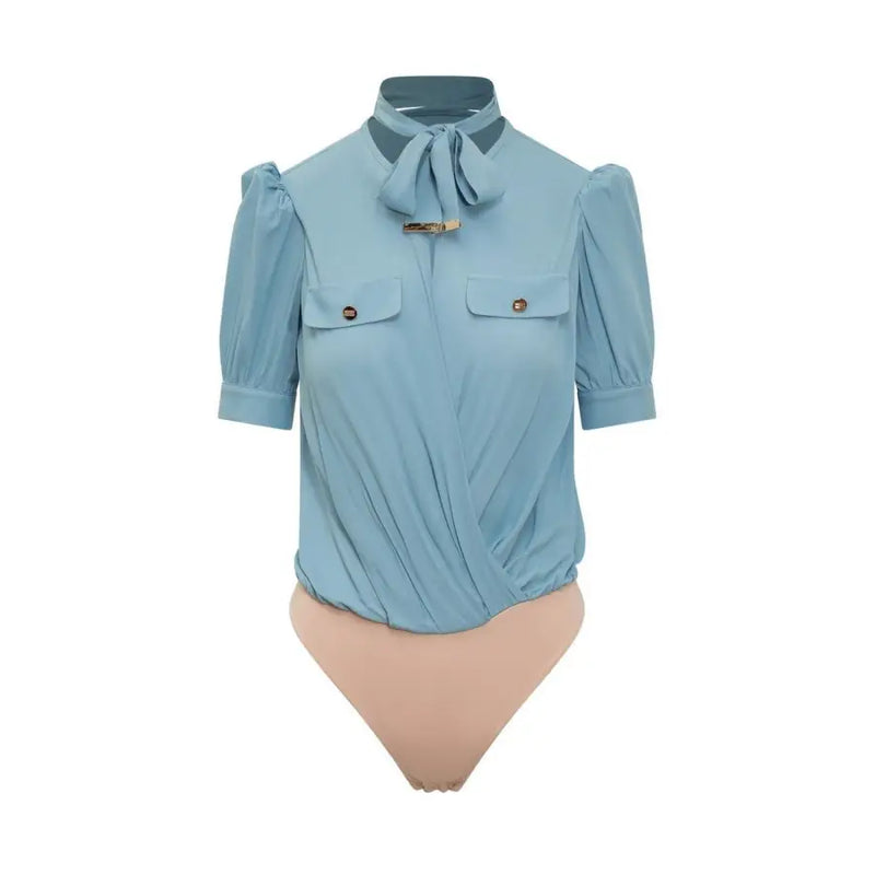 Light blue viscose short sleeve blouse by Elisabetta Franchi with puffed sleeves and bow neckline detail