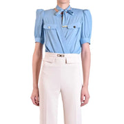 Light blue viscose short sleeve blouse by Elisabetta Franchi with puffed sleeves and tie neck detail